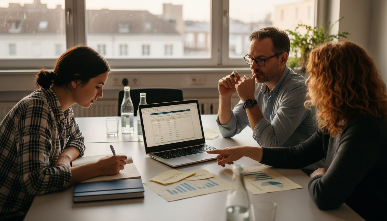 Im Besprechungsraum tauscht sich das Team über die Bewerberprofile aus.