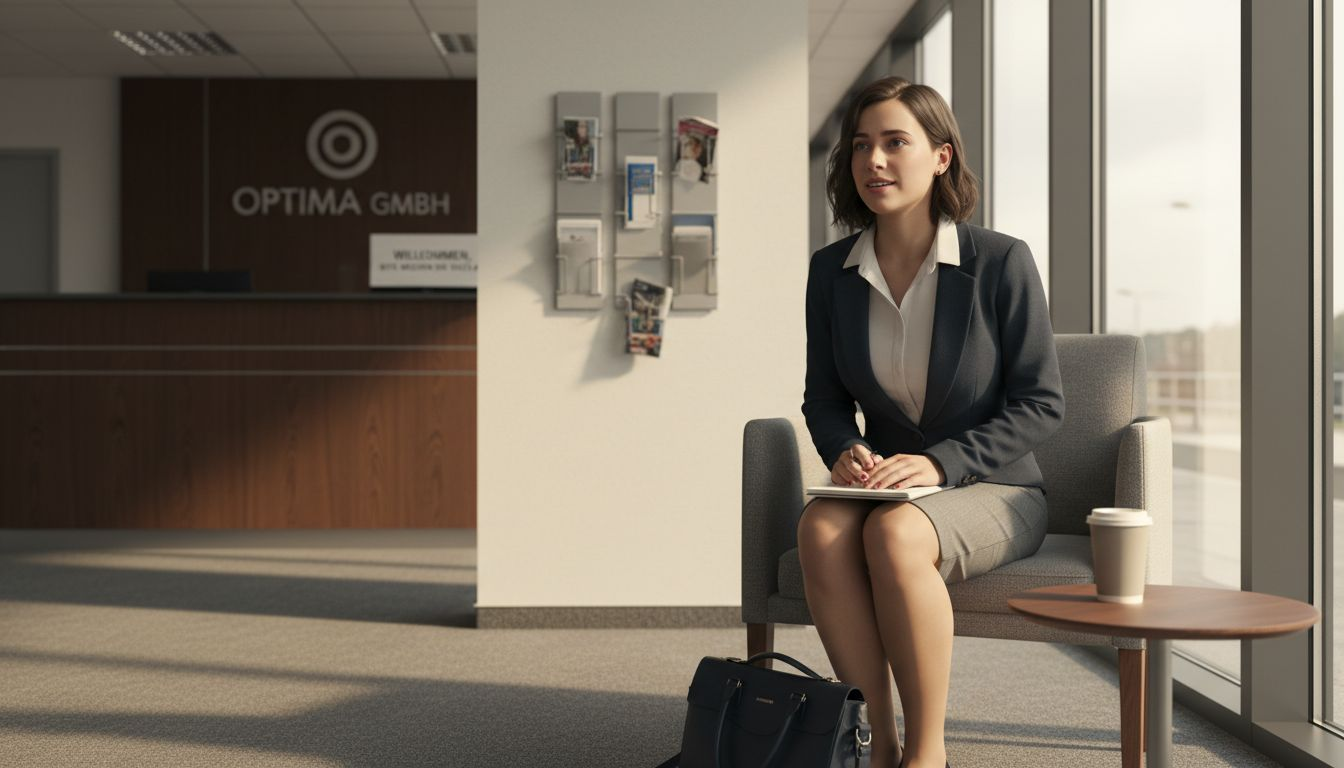 Eine Bewerberin nimmt im Wartebereich Platz.