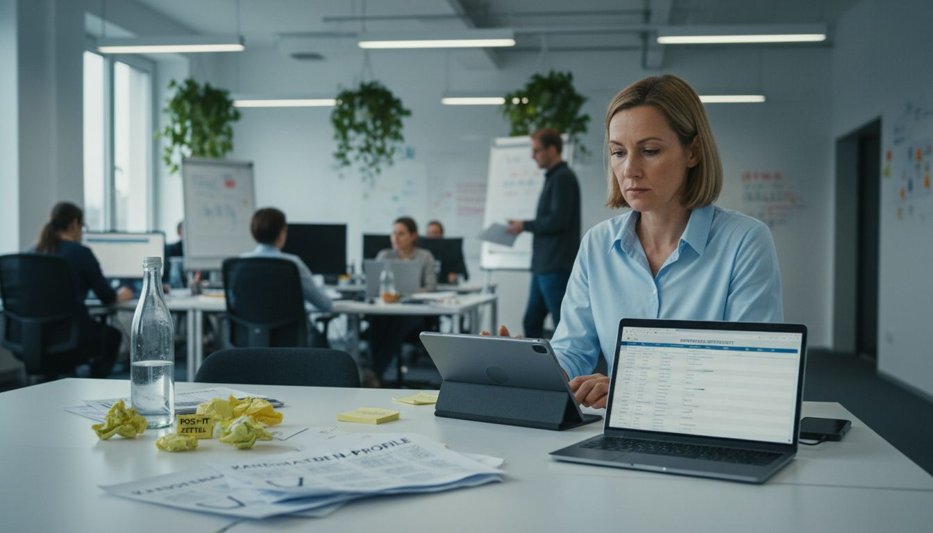 Eine Personalmanagerin prüft Bewerberprofile auf verschiedenen Endgeräten.