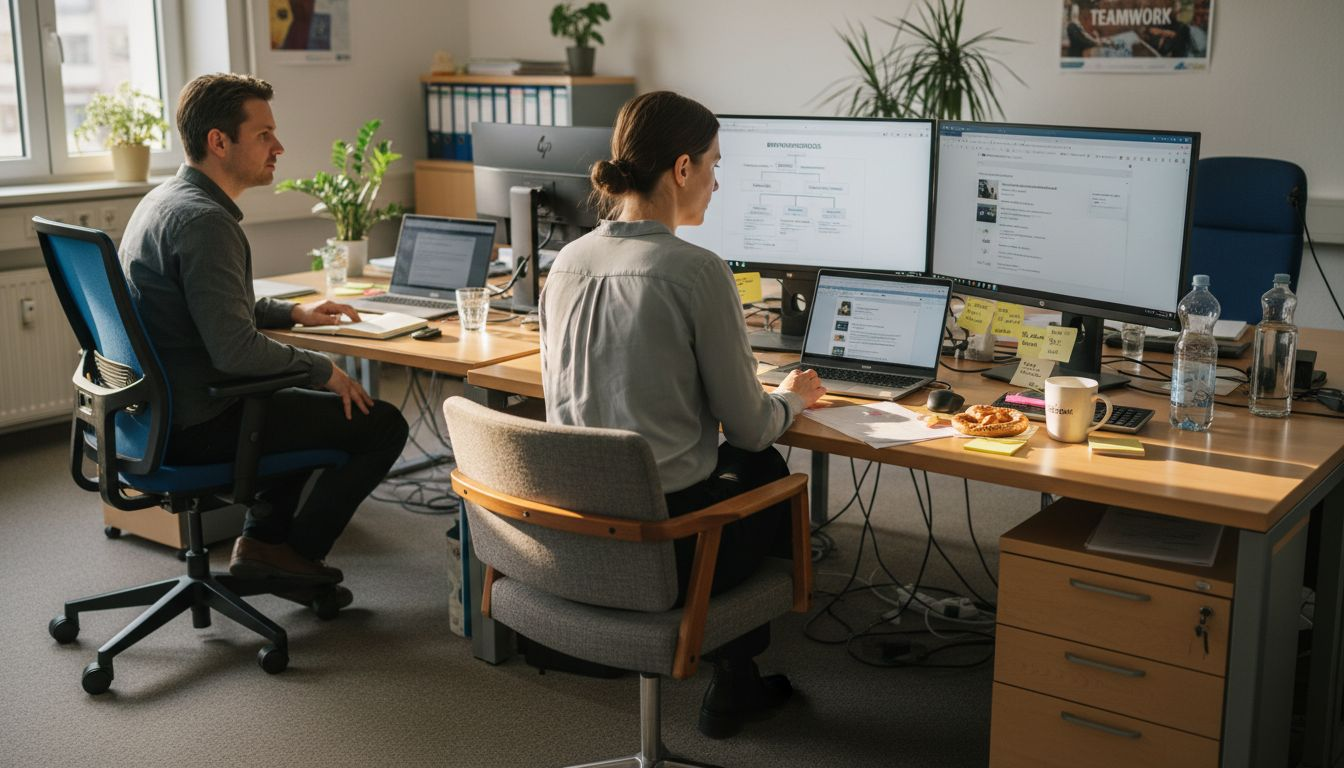 Personaler sitzen an ihren Schreibtischen und nutzen digitale Tools, um neue Talente zu gewinnen.