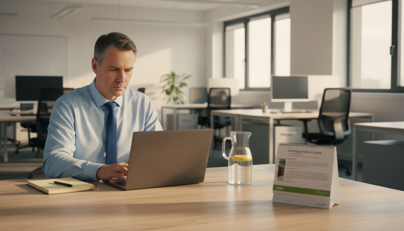 Ein Personalvermittler überprüft im Büro, ob das KI-Tool den Datenschutzanforderungen entspricht.