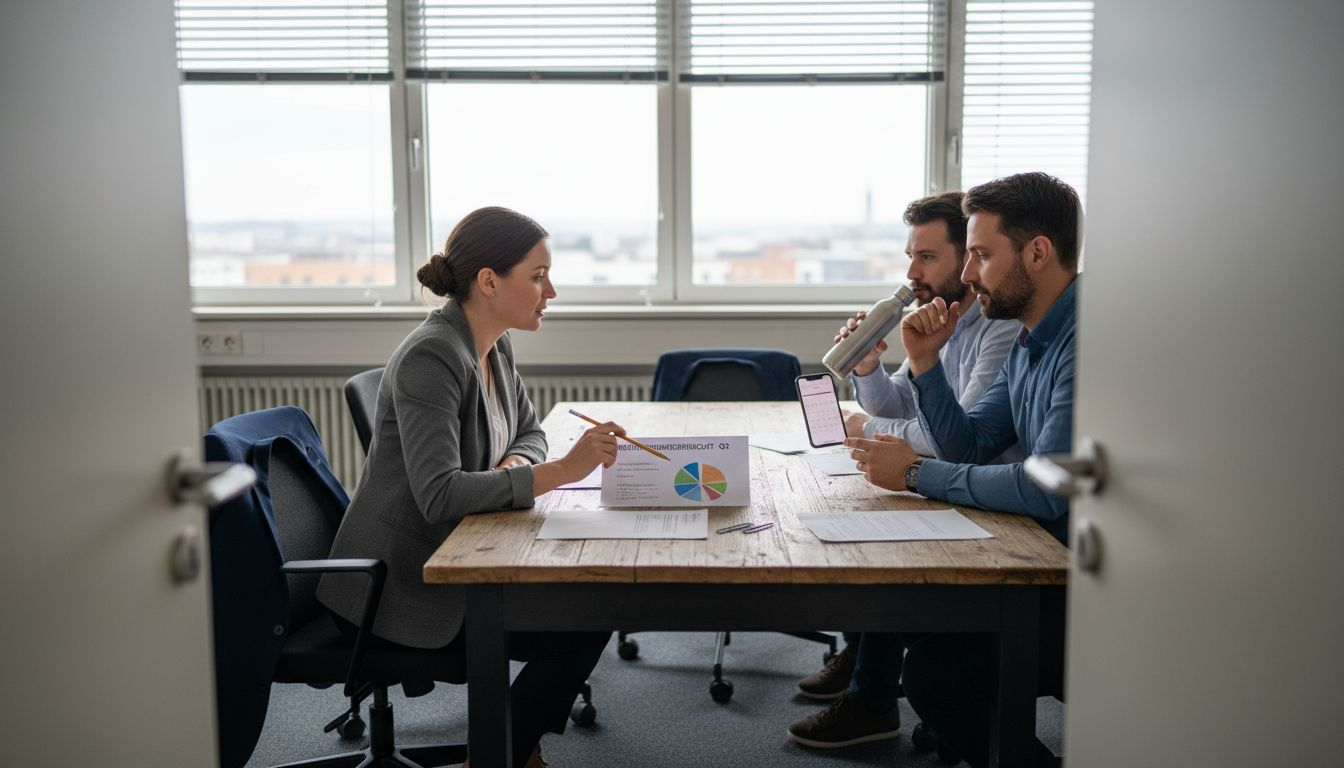 Ein Team bespricht im Besprechungsraum die aktuellen Ergebnisse aus dem Recruiting-Bericht.