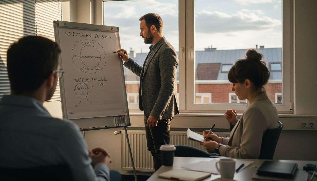 Das Team entwickelt gemeinsam am Whiteboard ein Bewerberprofil.
