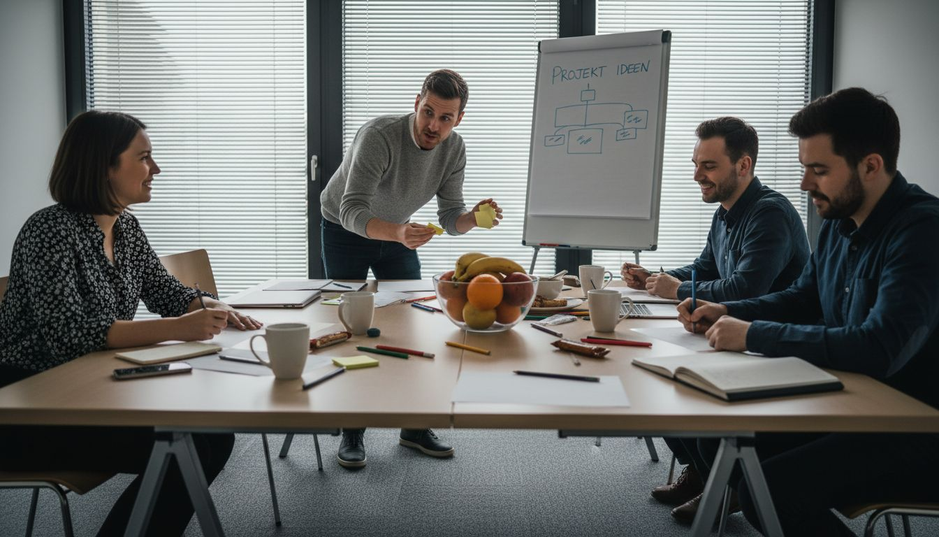 Mitarbeiter arbeiten gemeinsam an einem Workshop zur Markenentwicklung.
