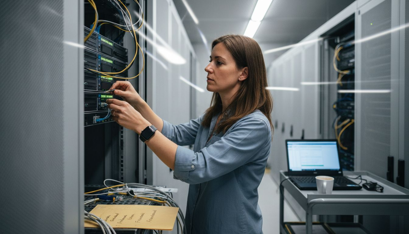 Eine IT-Expertin richtet im Büro ein KI-System ein.