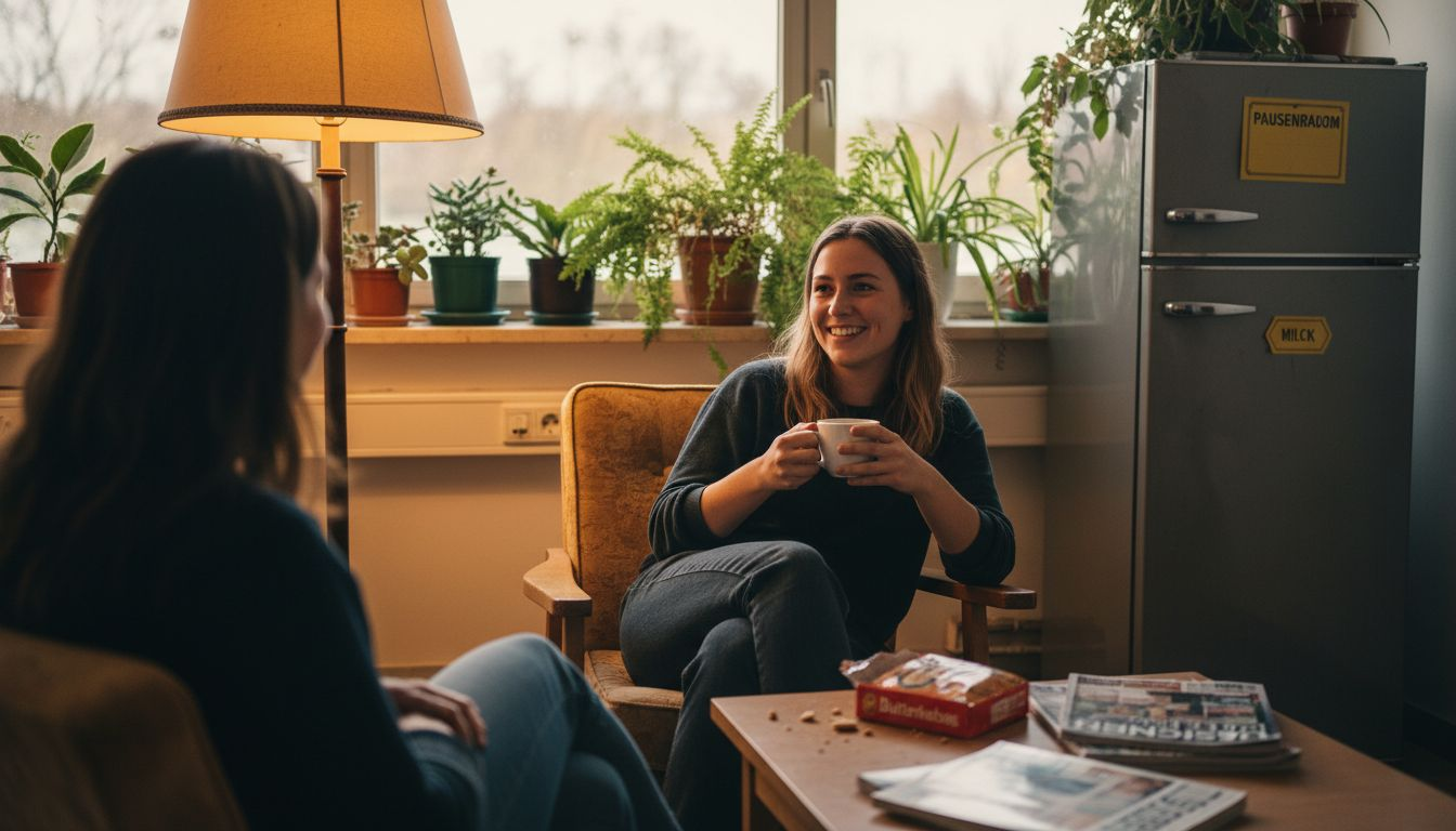 Kollegen unterhalten sich entspannt miteinander in der Kaffeeküche.