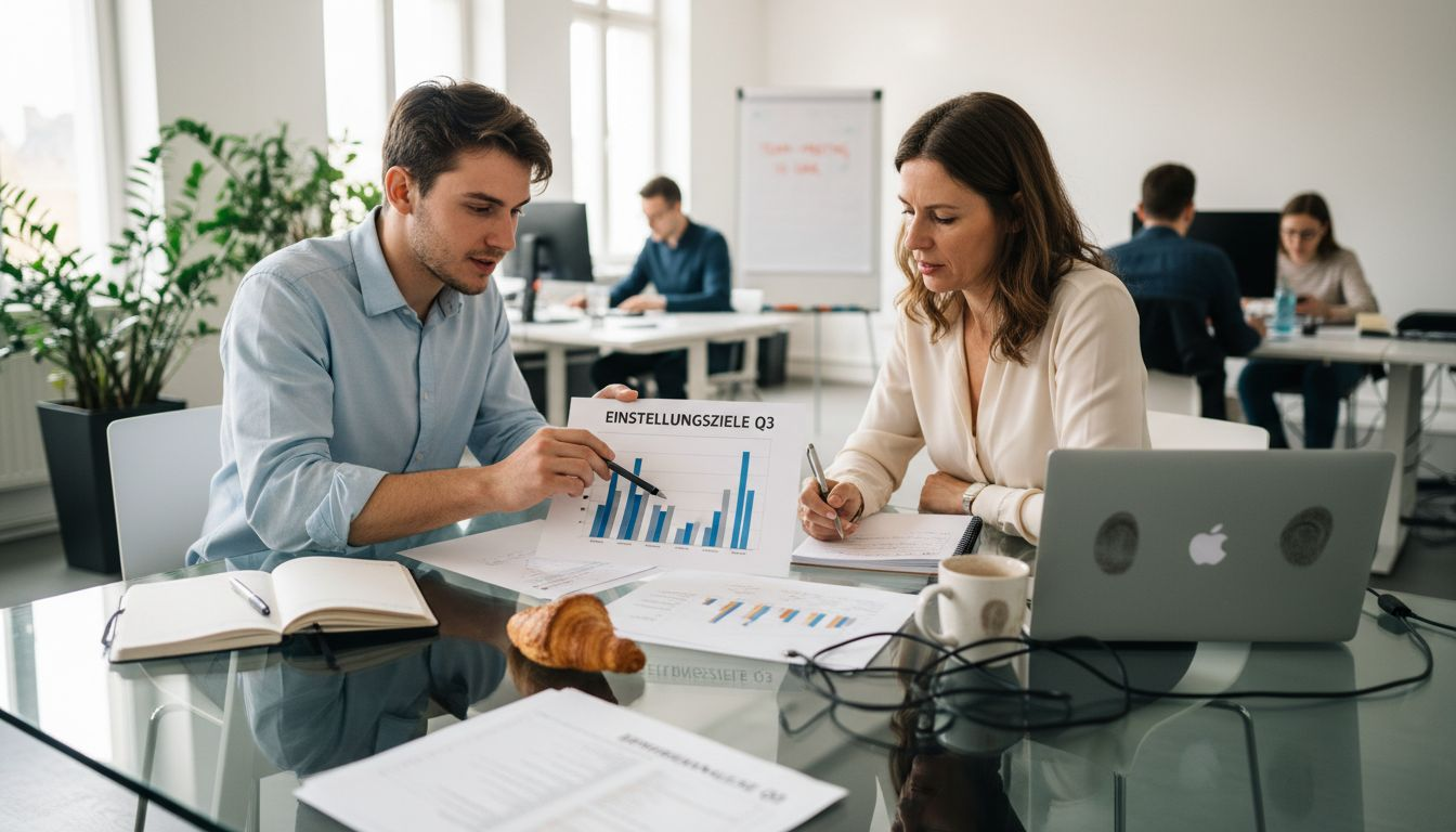 Personalverantwortliche prüfen und vergleichen ausgedruckte Kennzahlen zur Bewerbergewinnung.