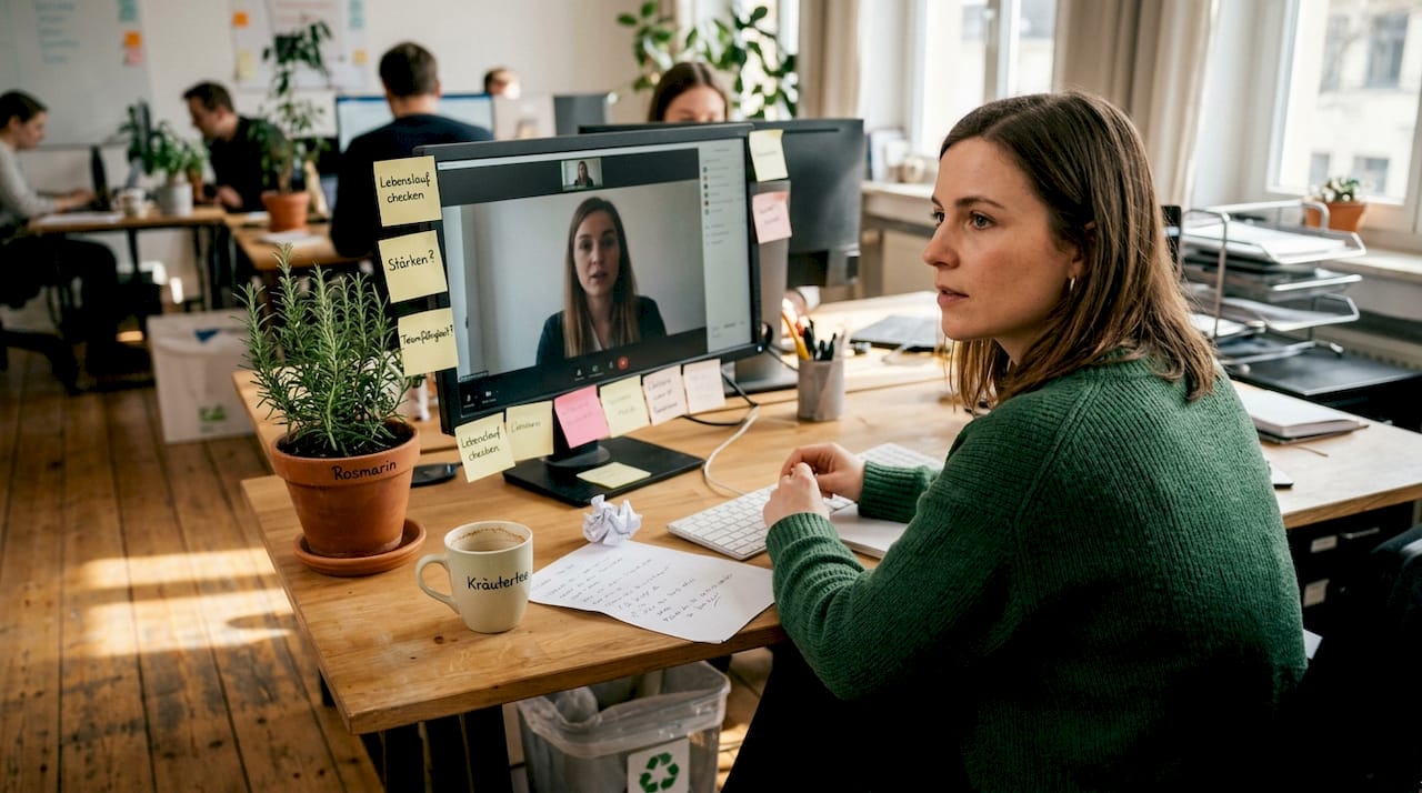 Ein Recruiter führt ein nachhaltiges Bewerbungsgespräch per Video-Call.