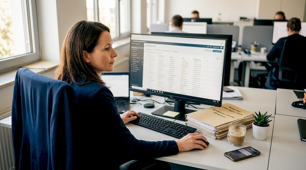 Eine HR-Managerin prüft am Computer die Bewerbungsunterlagen und verschafft sich einen Überblick über die Kandidatinnen und Kandidaten.