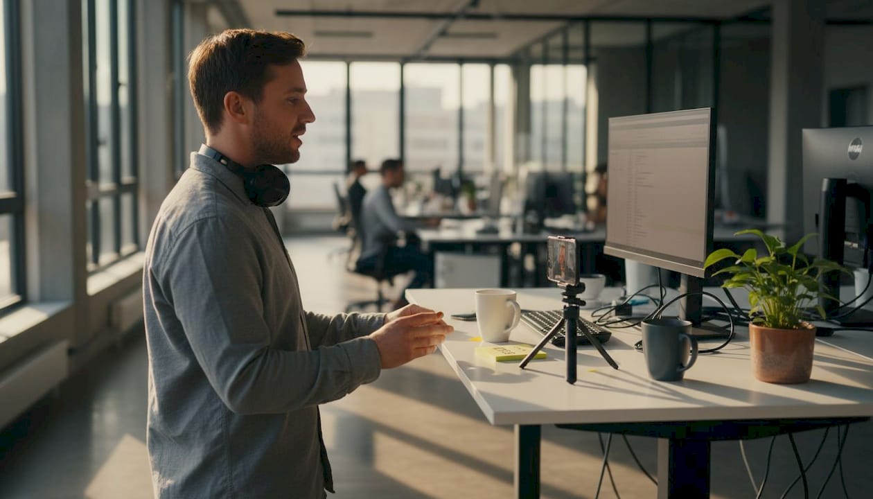 Ein Mitarbeiter nimmt ein authentisches Video aus dem Büroalltag auf.