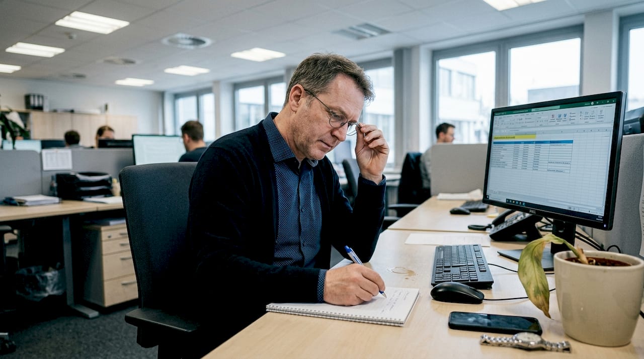 Ein Recruiter sitzt an seinem Schreibtisch, nutzt KI-Tools und macht sich Notizen, um den Auswahlprozess effizienter zu gestalten.