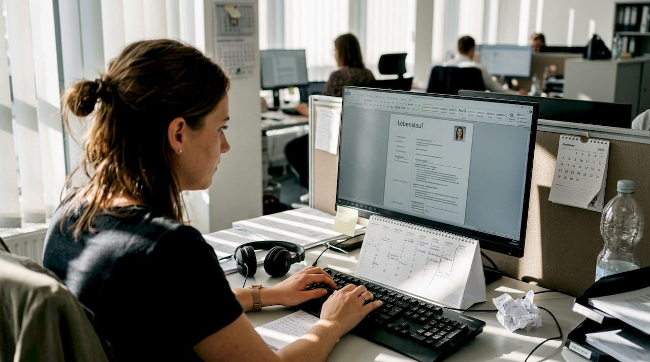 Eine Recruiterin prüft Bewerbungsunterlagen am Computer.