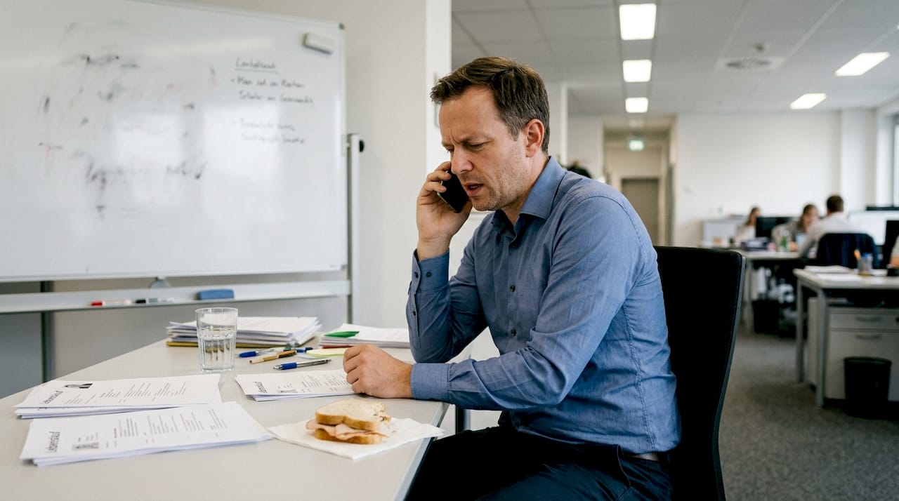 Eine Recruiterin führt am Schreibtisch ein telefonisches Bewerbungsgespräch.