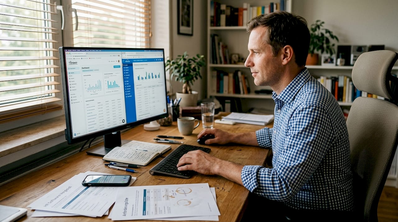 Im Homeoffice verschafft man sich einen Überblick über verschiedene HR-Software-Lösungen und vergleicht deren Funktionen.