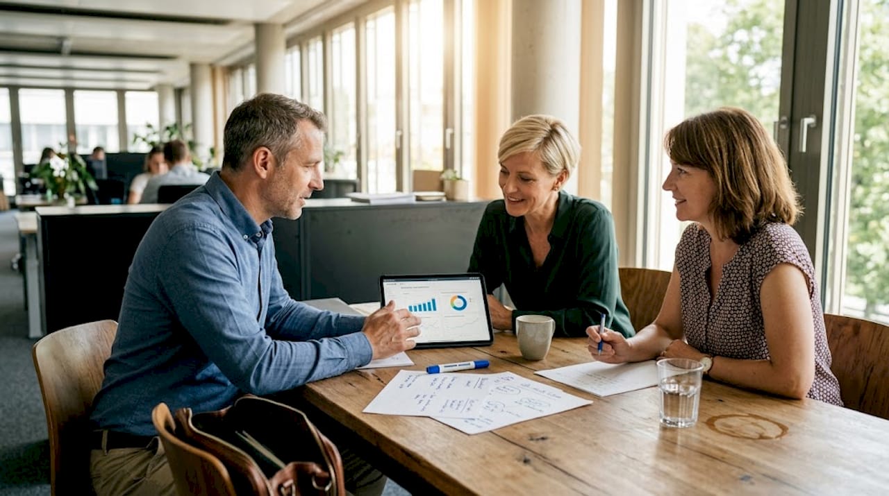 Das HR-Team bespricht im Meeting die wichtigsten Kennzahlen.