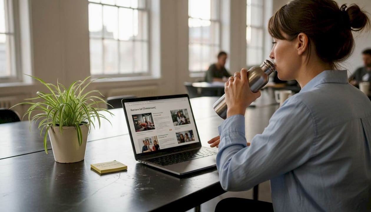 Eine Mitarbeiterin informiert sich am Arbeitsplatz über die Karrieremöglichkeiten auf der Unternehmenswebsite.