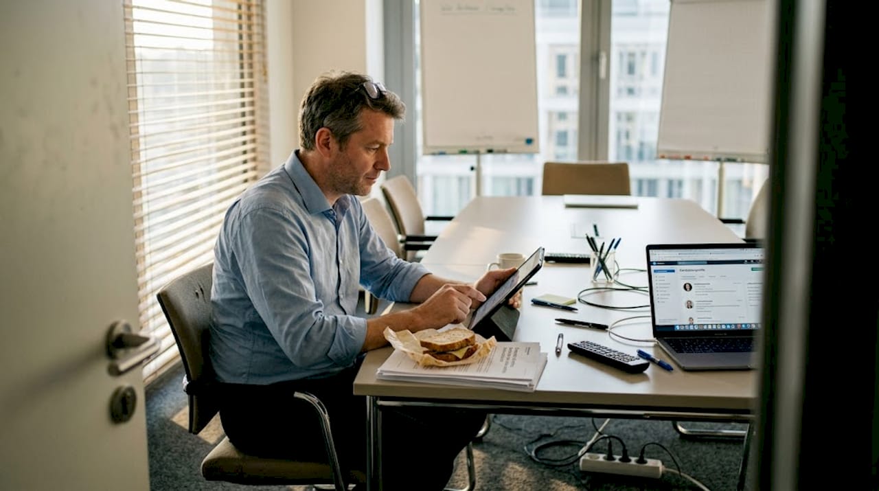 Ein Analyst nimmt verschiedene KI-Tools im Besprechungsraum unter die Lupe.