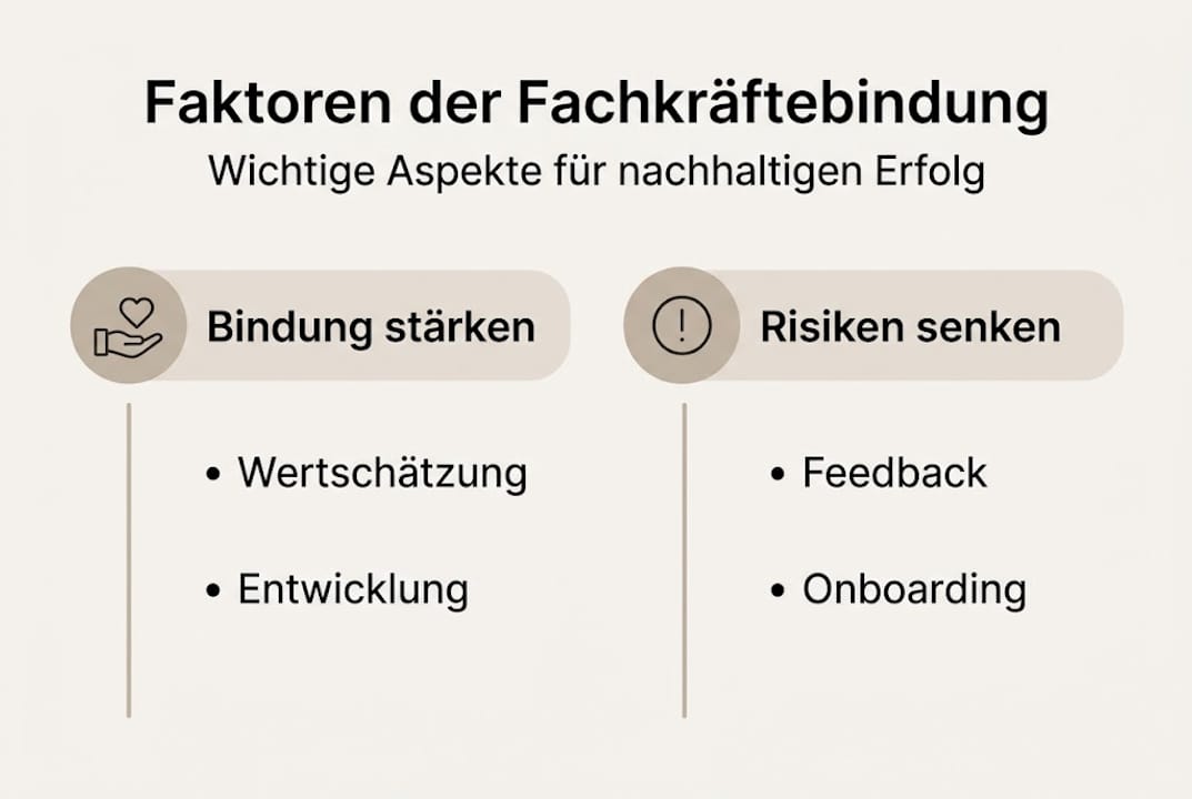 In der Infografik werden die wichtigsten Aspekte vorgestellt, die zur Bindung von Fachkräften beitragen.