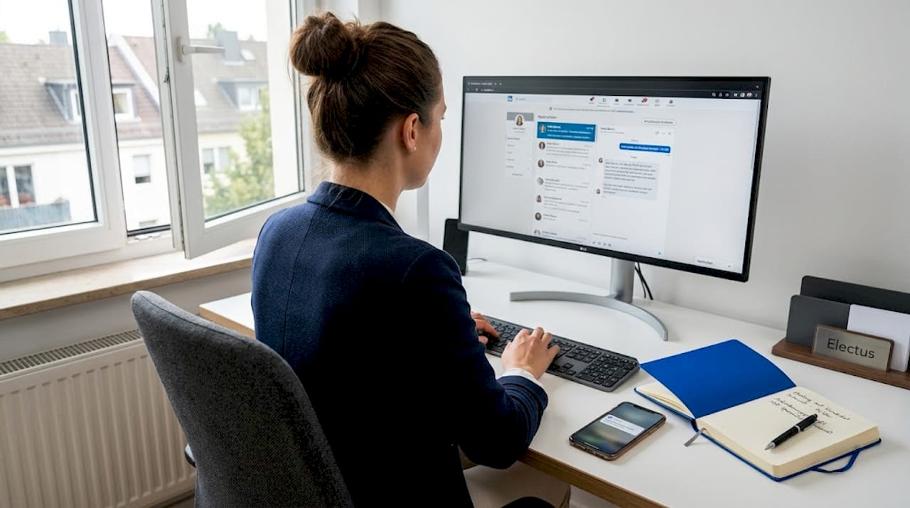 Ein Recruiter meldet sich über LinkedIn bei einem potenziellen Kandidaten am Arbeitsplatz.