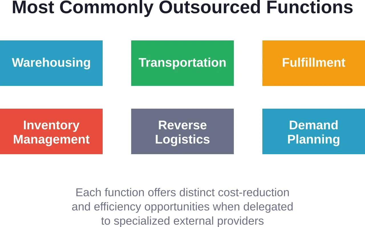Six supply chain functions that businesses most frequently delegate to third-party providers for improved efficiency and cost savings.