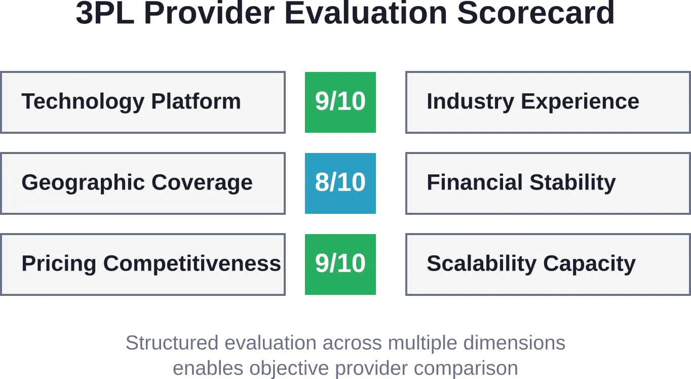 Sample evaluation scorecard showing how to systematically assess potential 3PL providers across key capability dimensions.