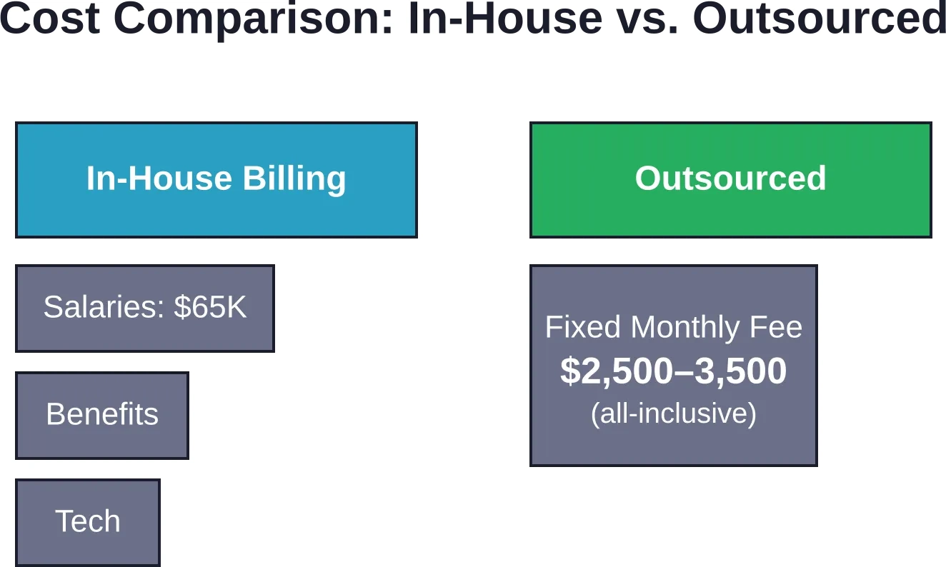 In-house billing requires separate budget lines for salaries, benefits, software licenses, and training. Outsourced models consolidate these into a single predictable fee.