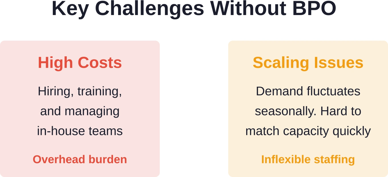 Without outsourcing, e-commerce businesses struggle with operational overhead and capacity constraints, especially during peak seasons.