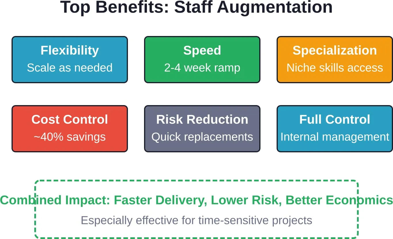 Six core benefits that make staff augmentation effective for modern tech teams facing rapid project demands.
