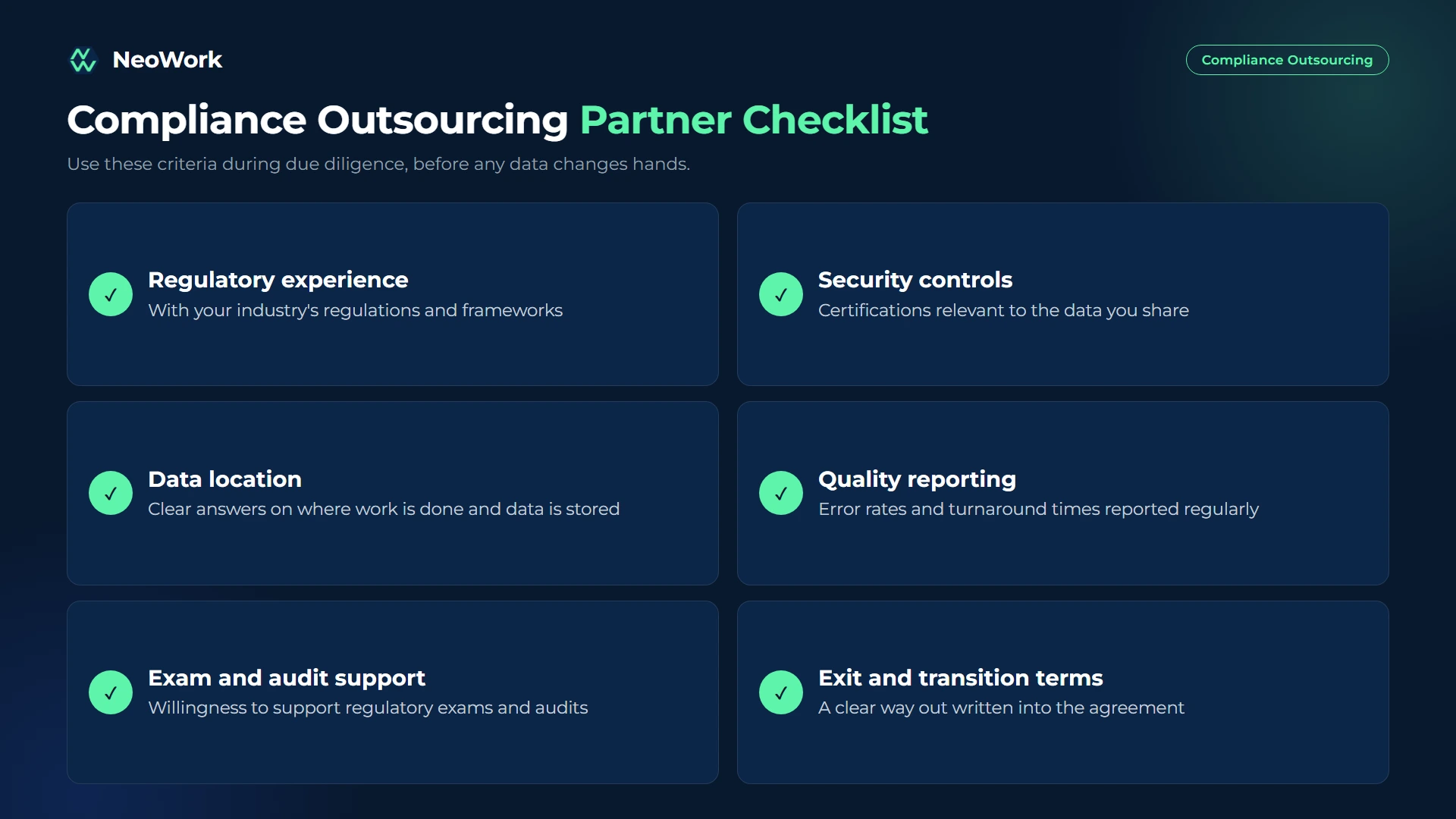 Compliance outsourcing partner checklist covering regulatory experience, security controls, data location, quality reporting, audit support, and exit terms