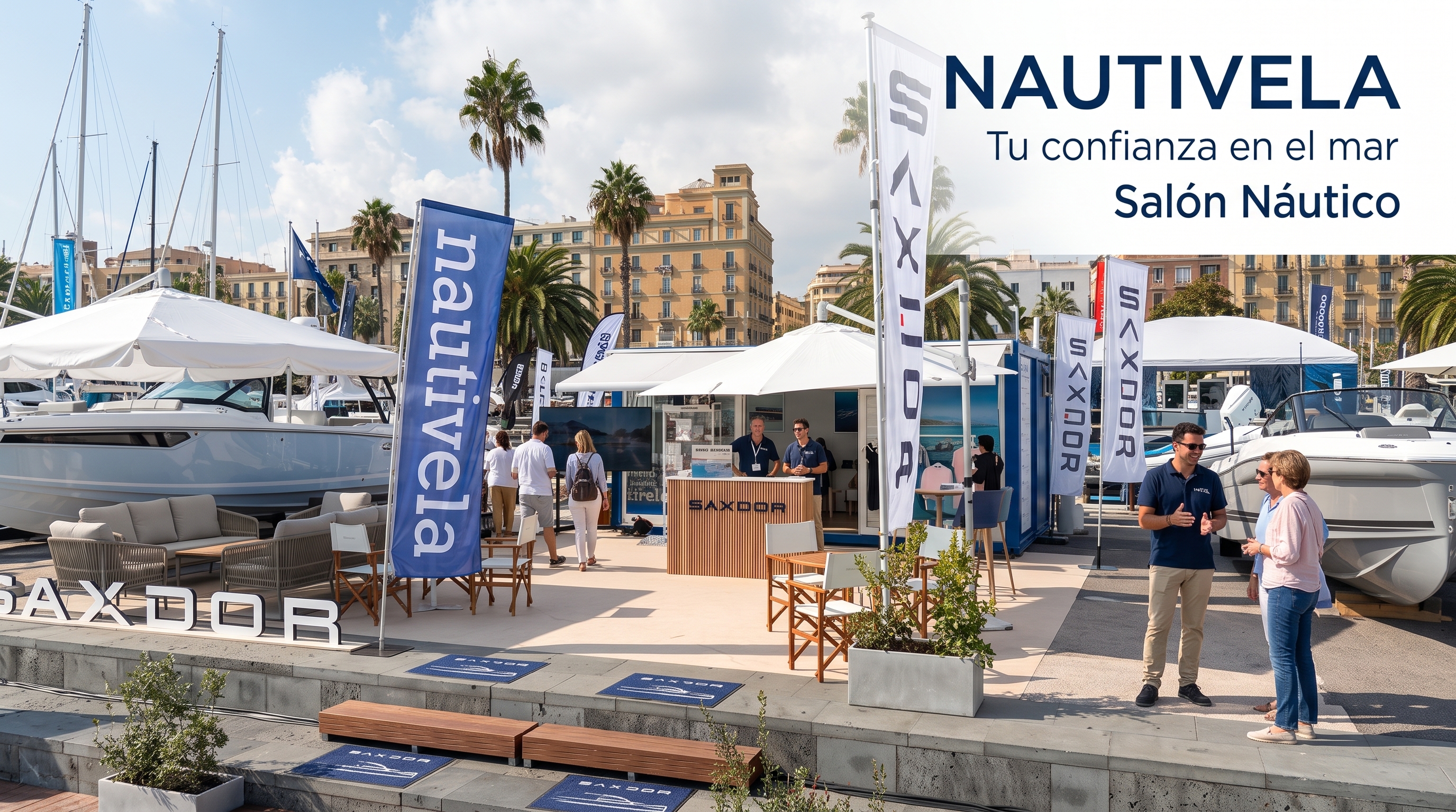 Nautivela exhibition area with Saxdor boats at the boat show