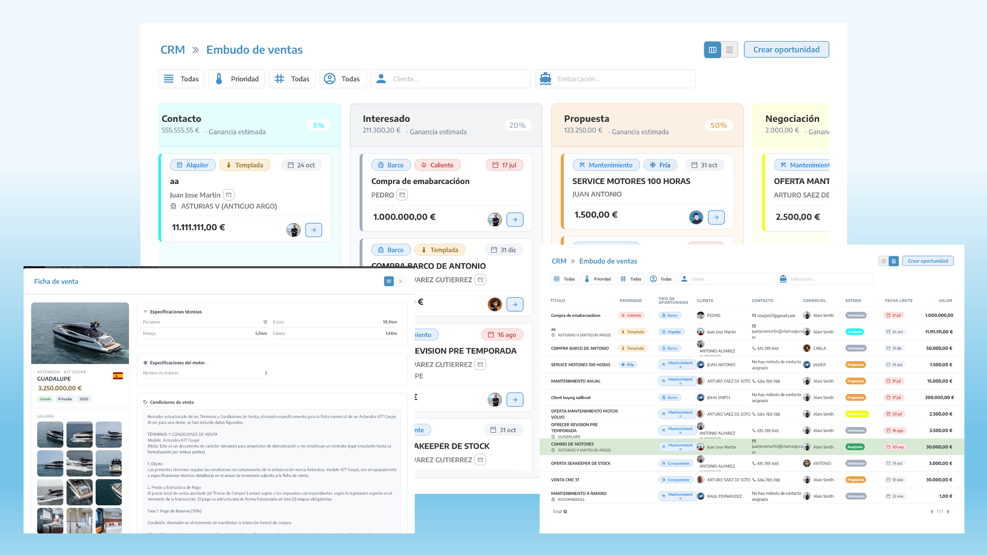 Sales pipeline, opportunity list and boat sales profile in the StarNapp CRM