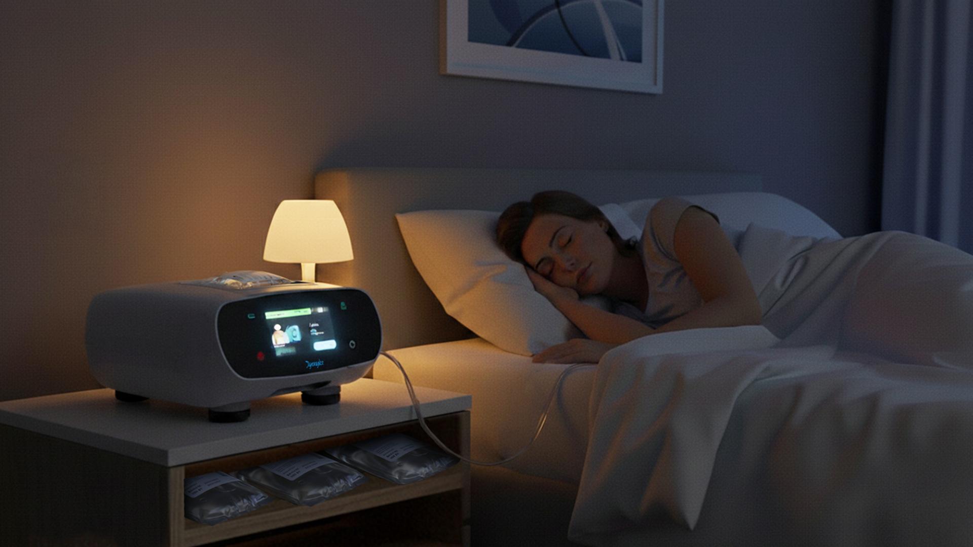 Woman sleeping peacefully in bed at night with a sleep apnea machine on the bedside table connected to her via a nasal hose.