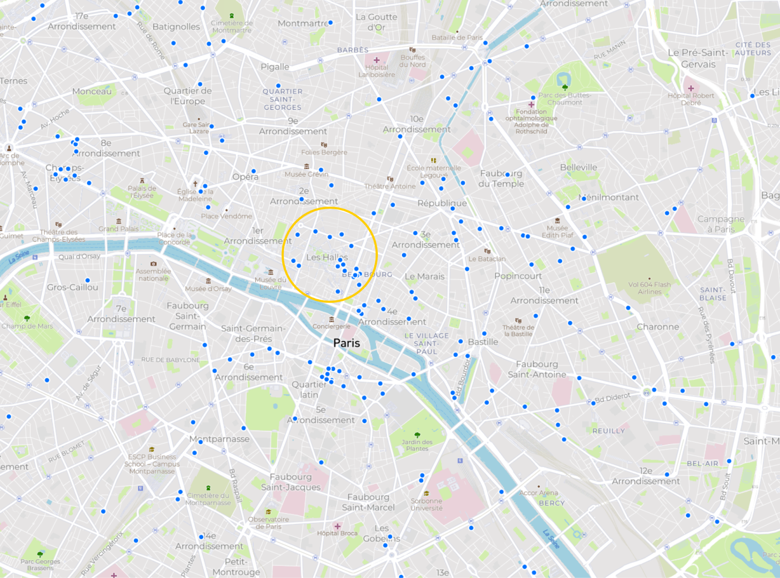 Map showing some of the sports stores in Paris - MyTraffic