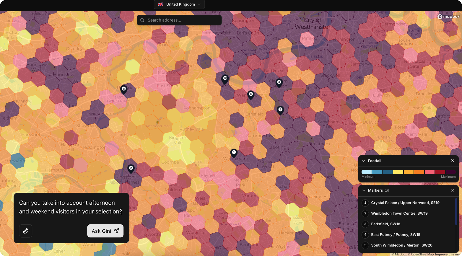 Gini's Explore Mode being used to make a shortlist of potential expansion locations