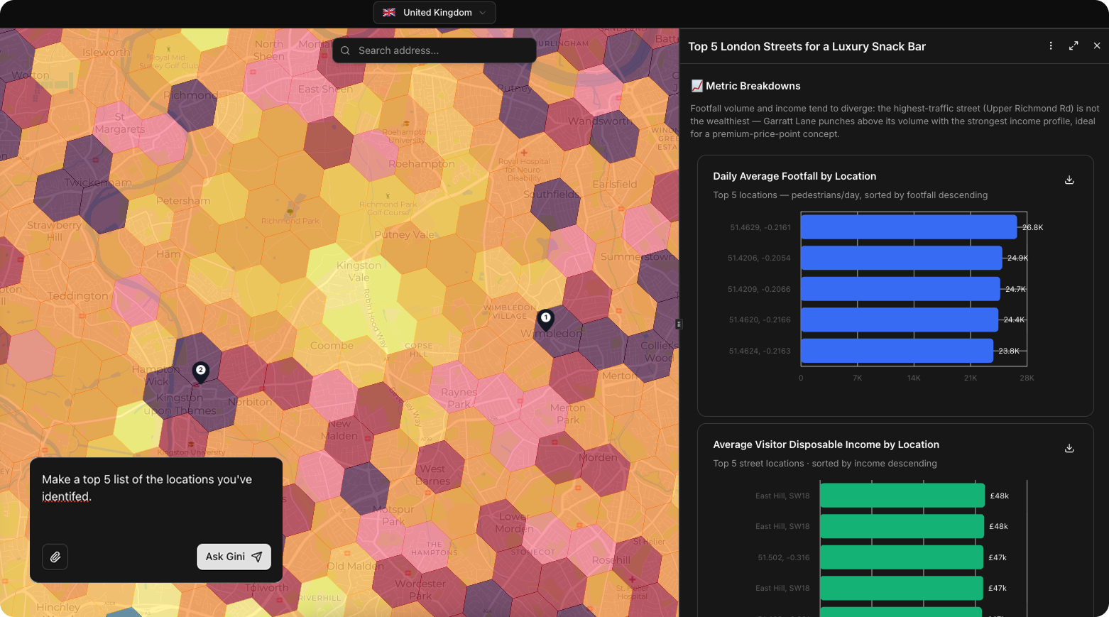 Gini's Explore Mode being used to make a shortlist and report of high potential locations