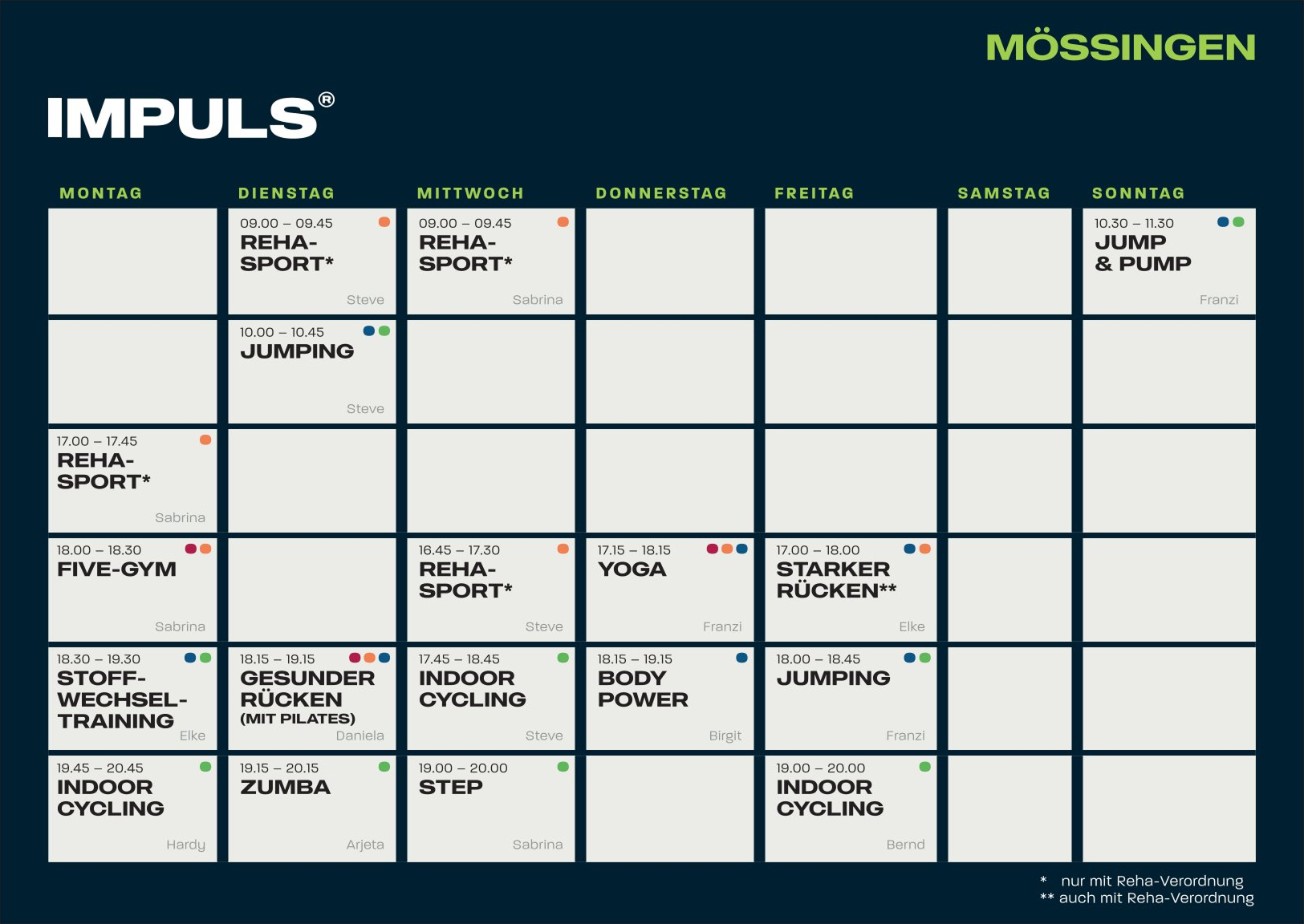 Wöchentlicher Fitnesskursplan bei IMPULS Mössingen mit verschiedenen Aktivitäten wie Reha-Sport, Jumping, Five-Gym, Yoga, Indoor Cycling und Zumba, aufgelistet nach Tagen und Uhrzeiten von Montag bis Sonntag.