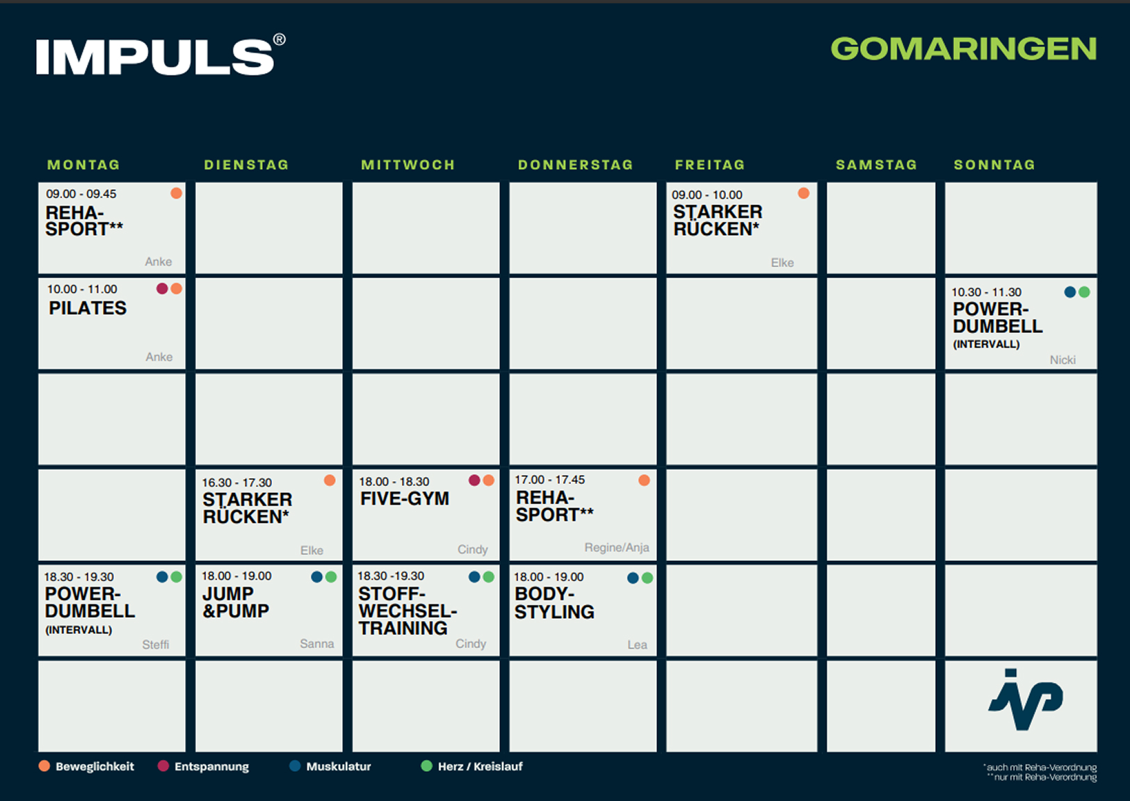 Wöchentlicher Fitnesskursplan für IMPULS Gomaringen mit verschiedenen Trainingseinheiten von Montag bis Sonntag, inklusive Uhrzeiten, Kursnamen, Namen der Kursleiter und farbcodierten Kategorien wie Mobilität, Entspannung, Muskeln und Herz-Kreislauf.