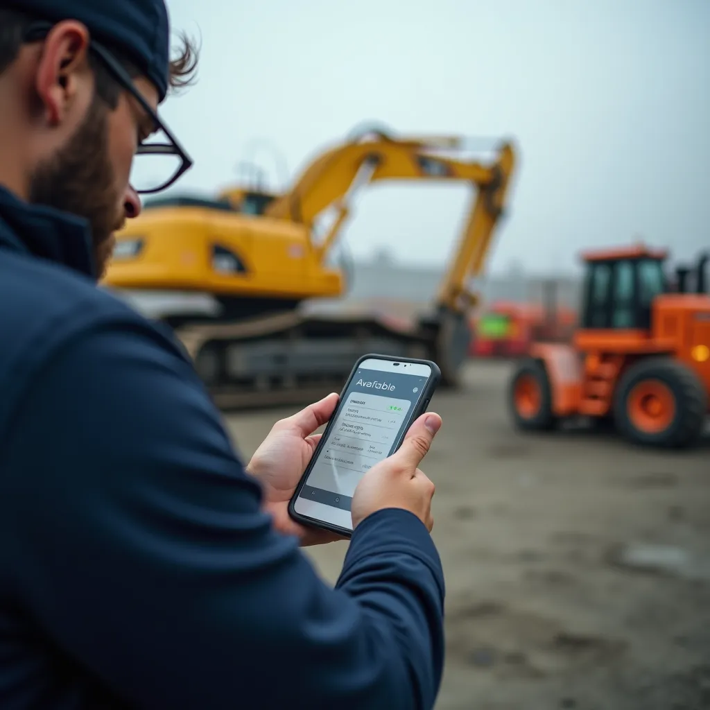 Gerente de alquiler de maquinaria gestionando reservas con IA en una campa de construcción