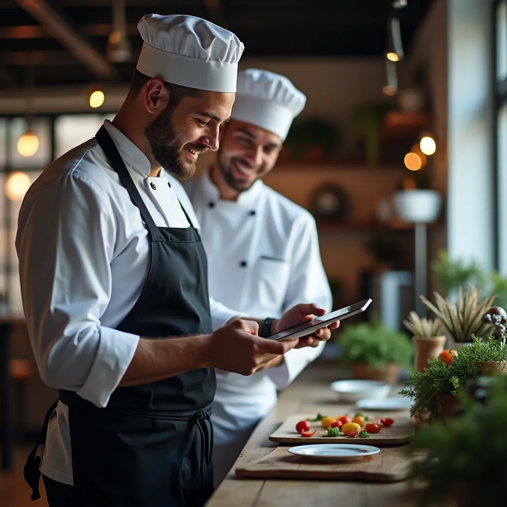 Gerente de catering revisando presupuestos automatizados con IA en una tablet
