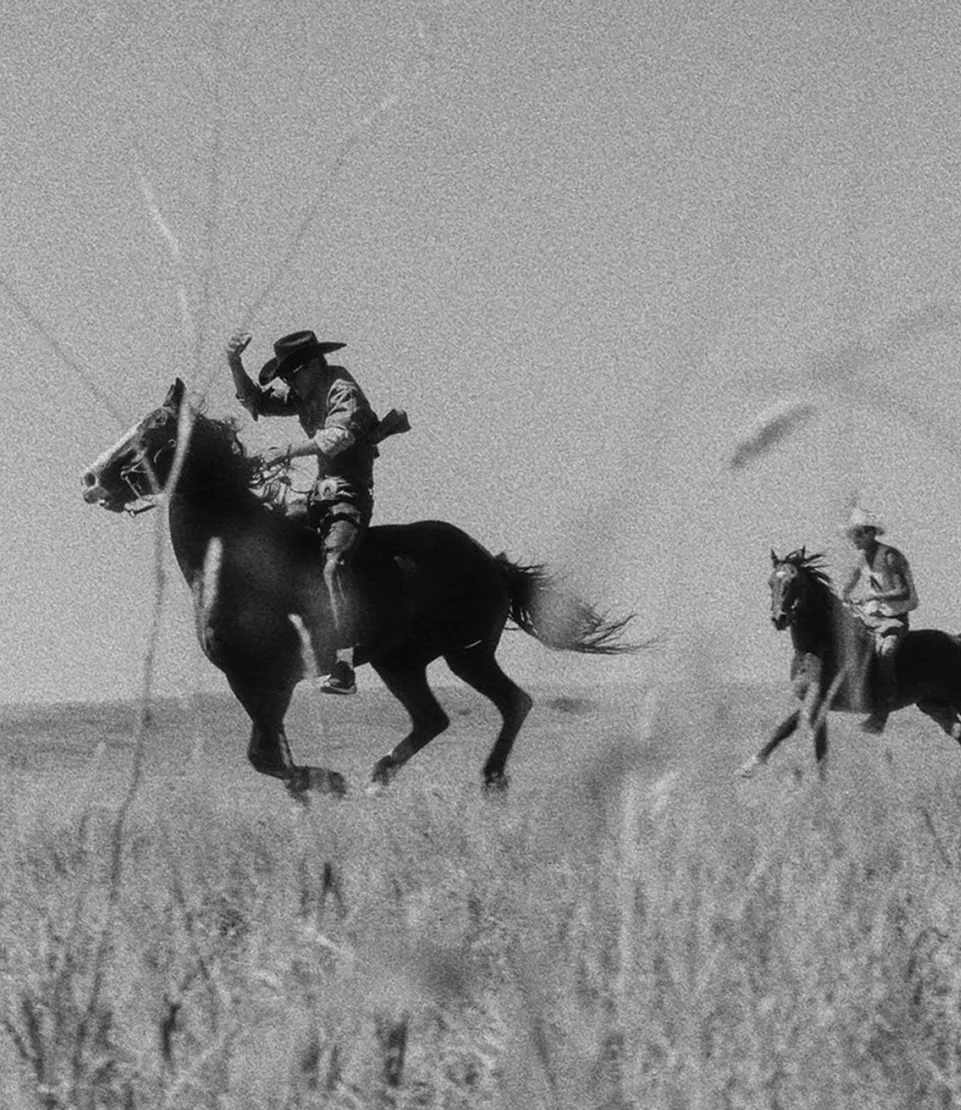 Two cowboys riding horses in a grassy field, one horse rearing up.