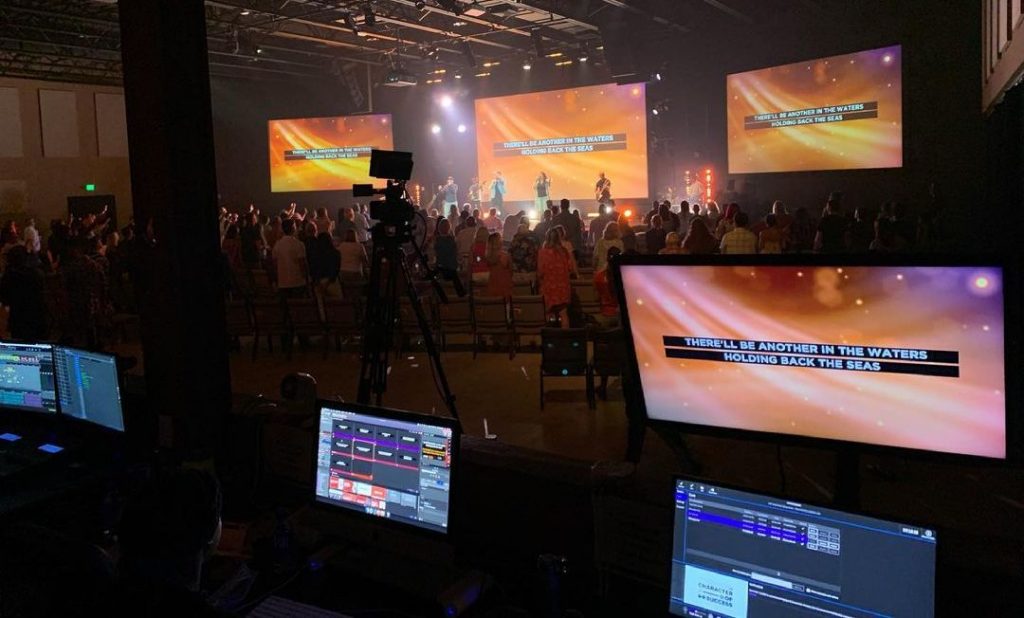 Video from AV booth during a live worship event. ProPresenter presentation software being used during worship service.