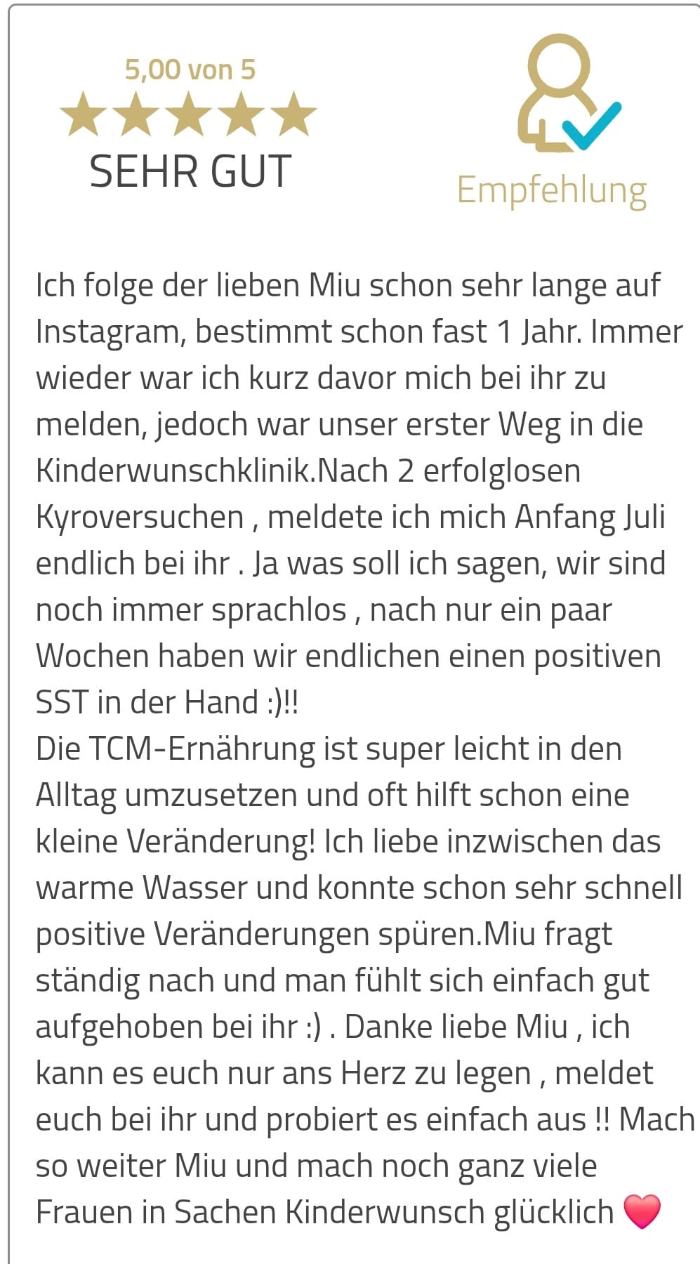 Bewertung einer Kundin mit hervorgehobenen Textabschnitt