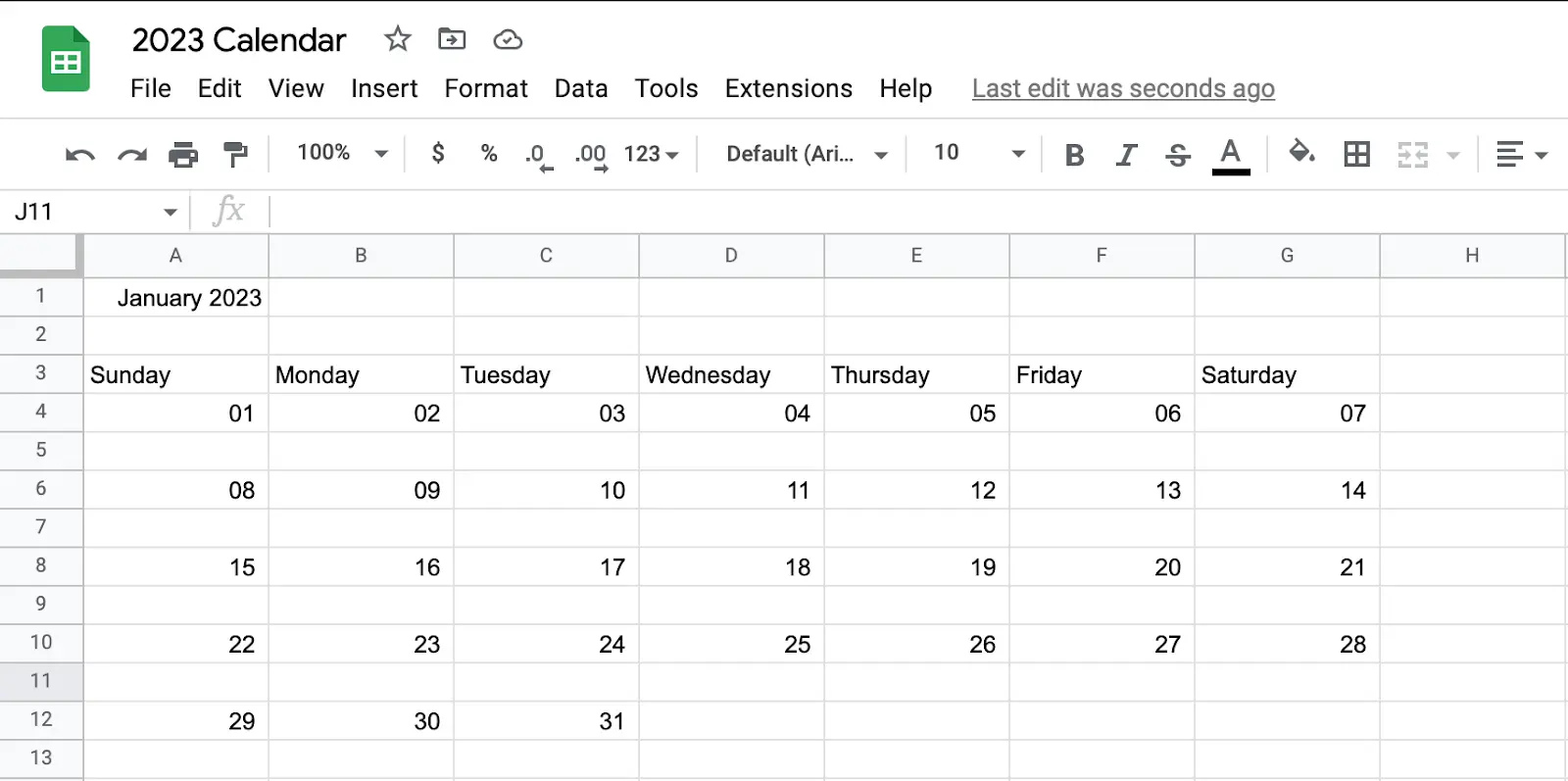 How to make a calendar in Google Sheets