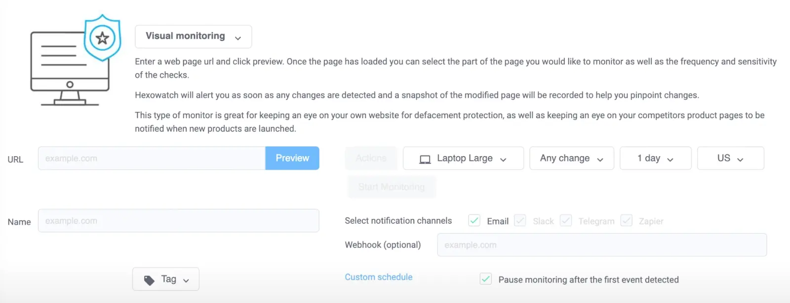 Set up visual website monitoring on Hexowatch.