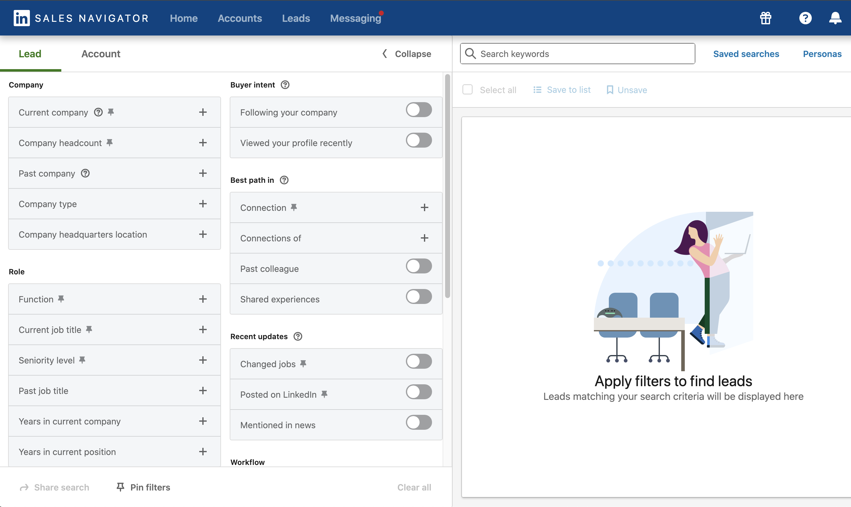 Using LinkedIn Sales Navigator advanced search and boolean logic.