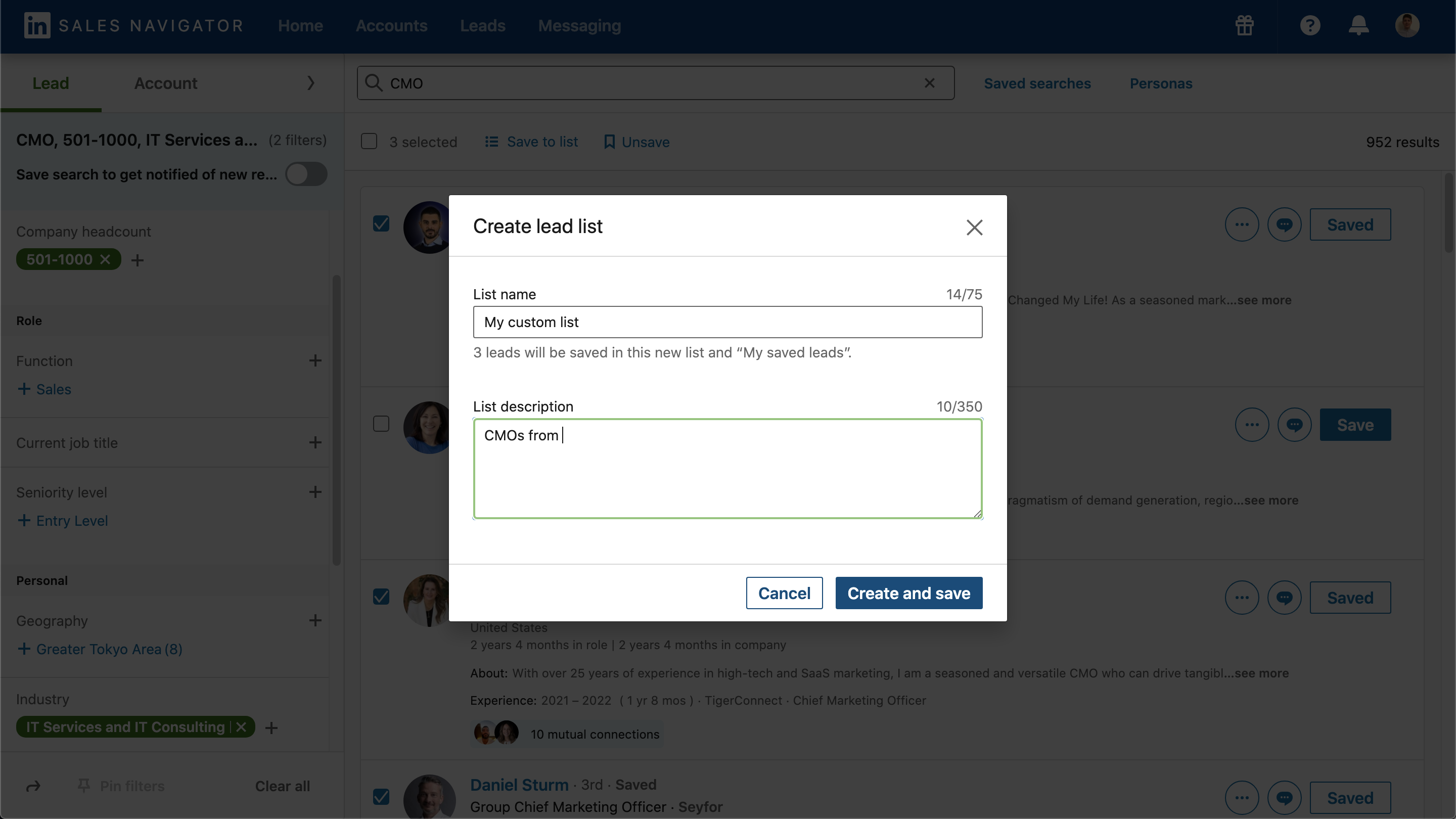 Creating a custom lead list from a LinkedIn Sales Navigator search.