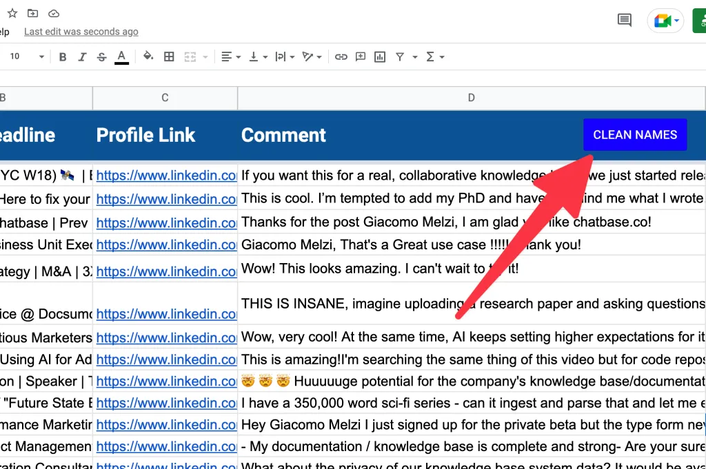 clean names google sheets