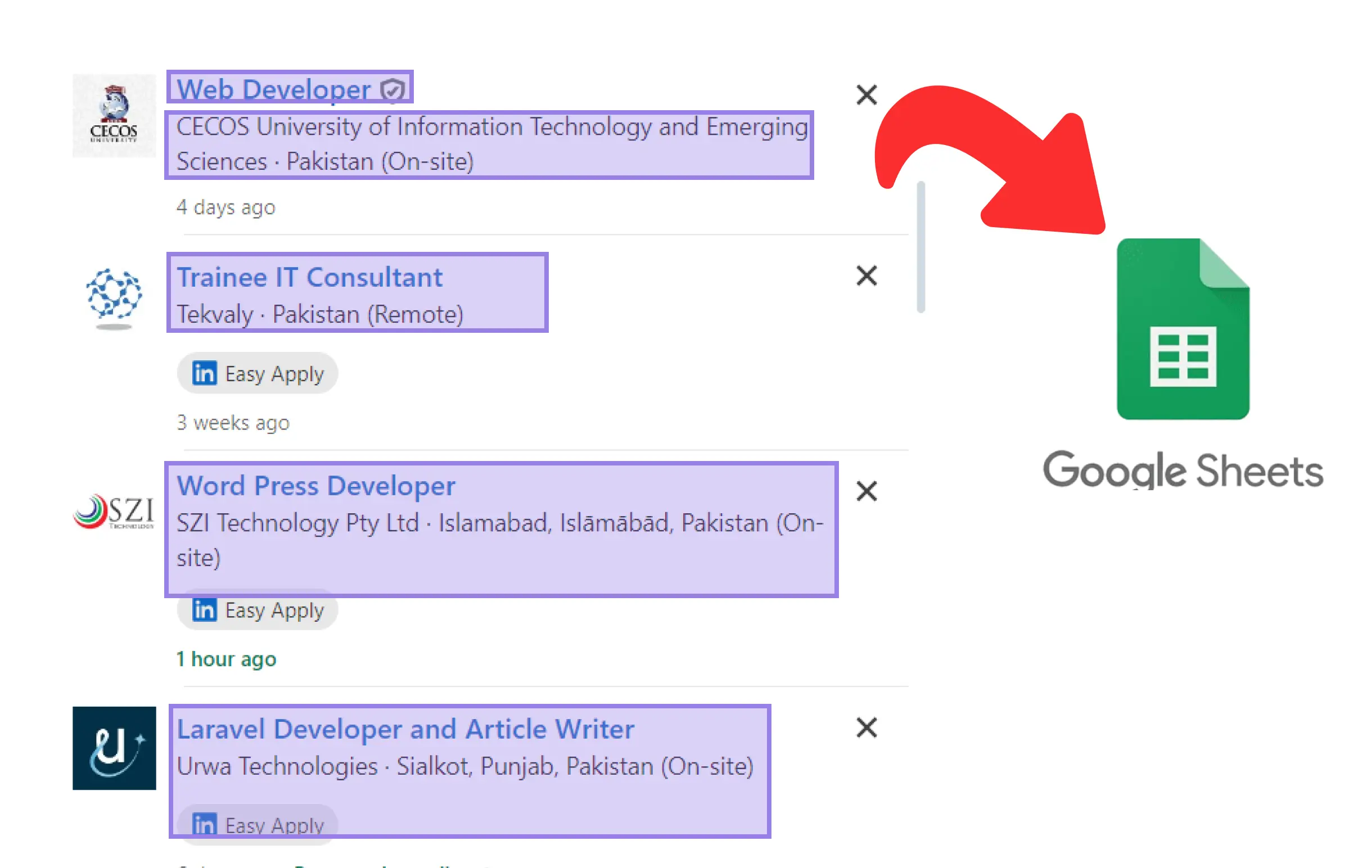 Copy a list of LinkedIn job posts to a Google Sheet