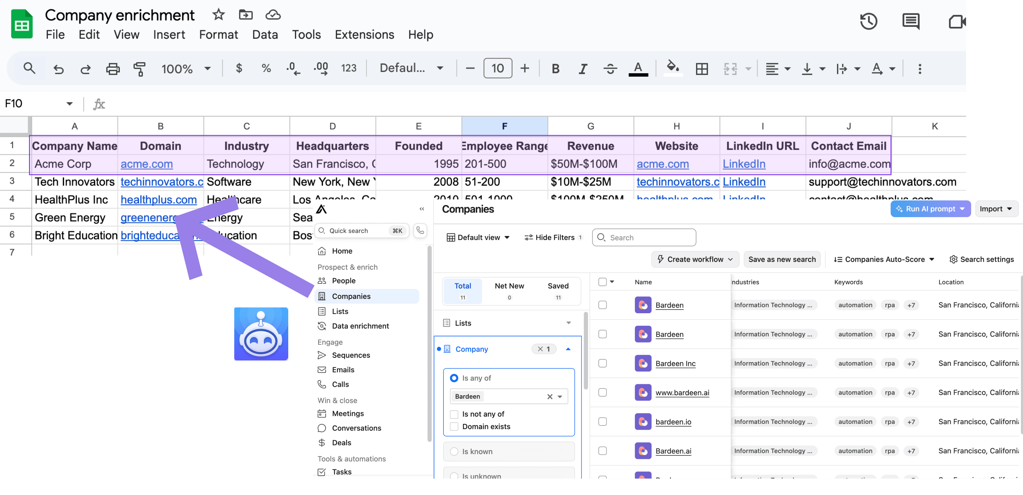 Enrich company information from a website to Google Sheets using Apollo.io