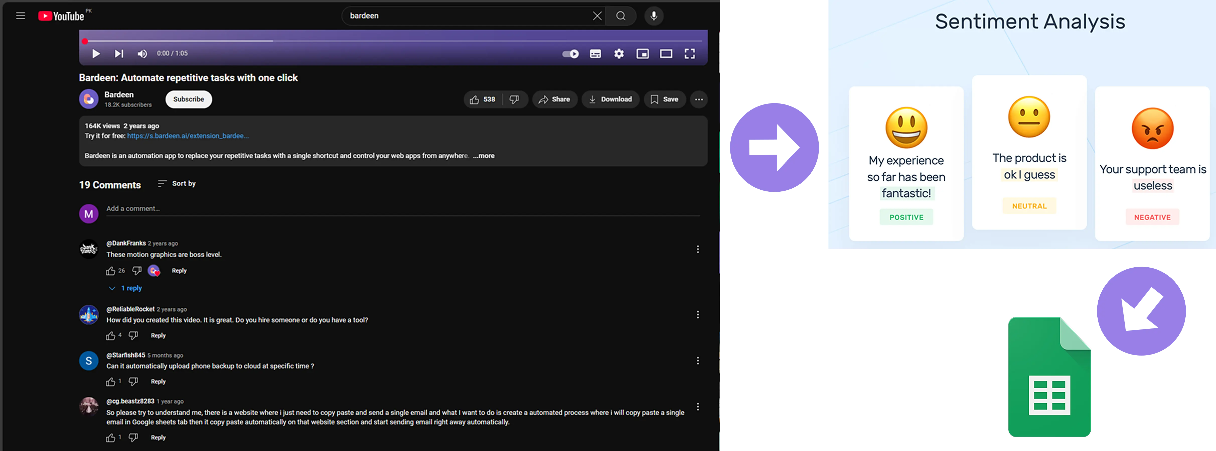 Get sentiment analysis from Youtube comments and save to Google Sheets